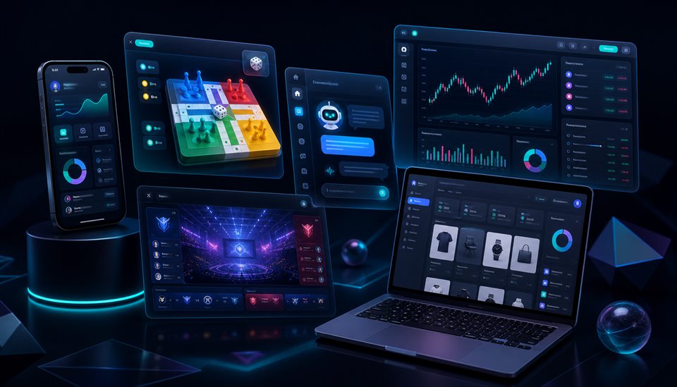 CodeCiya Technologies product collage for app, game, AI, fintech, esports and web development